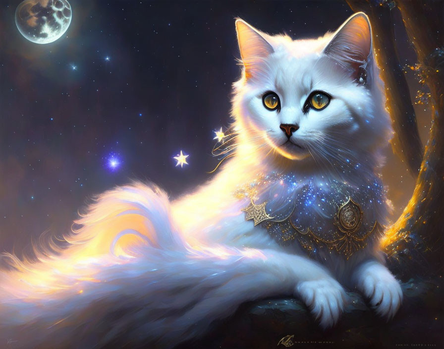 White Cat with Golden Eyes and Celestial Fur on Night Sky Background