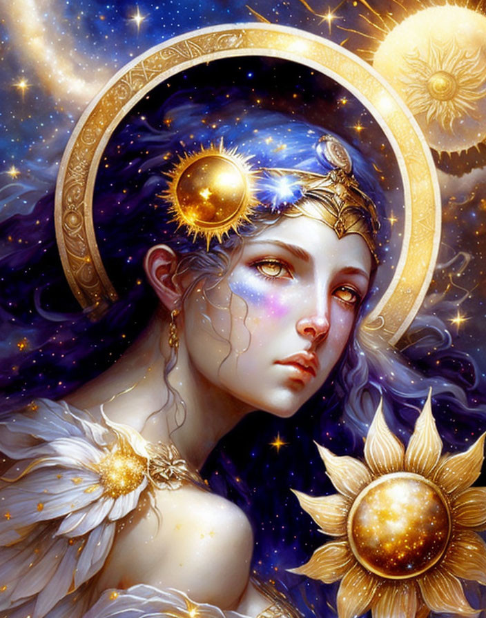 Celestial-themed woman illustration with starry hair and cosmic aura