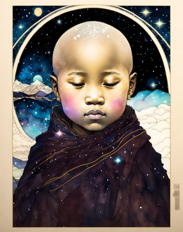 Child with cosmic-themed head in starry shawl against mountain backdrop