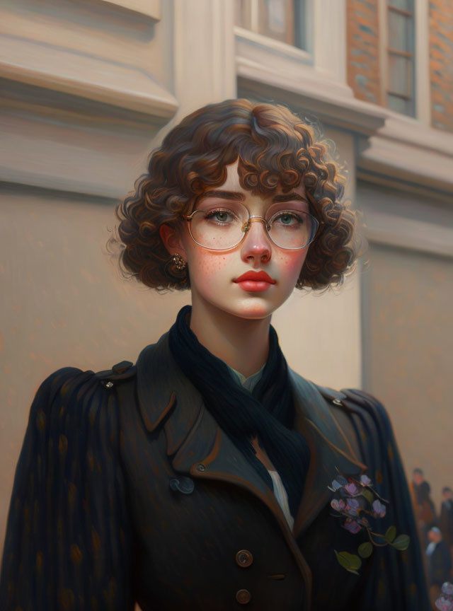 Portrait of young woman with curly hair, round glasses, freckles, and floral embroidered coat