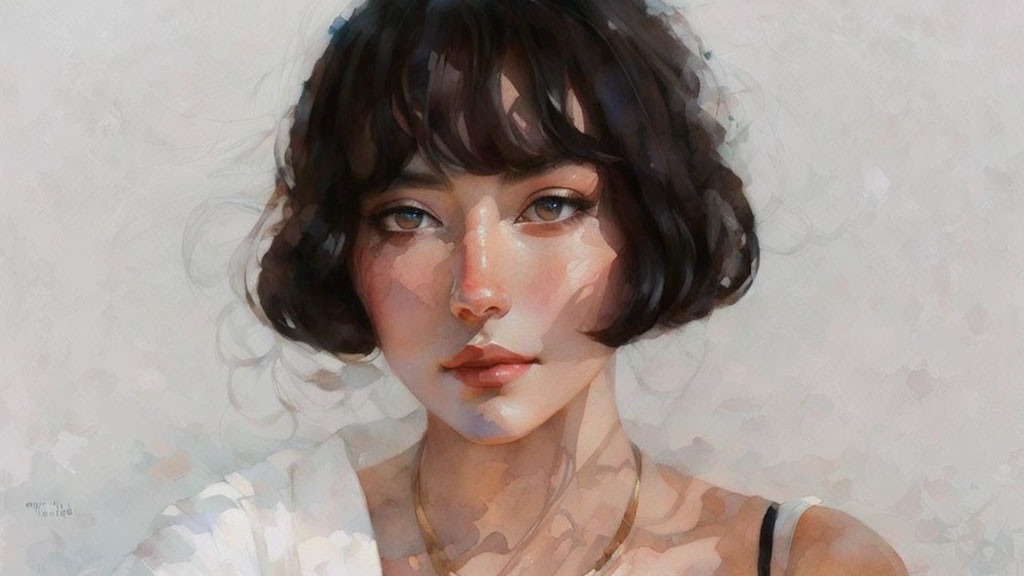 Woman with Short Wavy Hair in White Top - Digital Painting