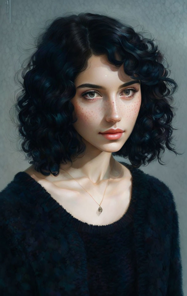 Portrait of young woman with curly black hair and hazel eyes in dark sweater