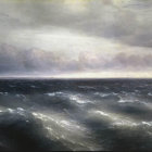 Dramatic seascape with sunlight, waves, and ship horizon