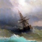 Sailing ship painting with tall masts in stormy sea waves