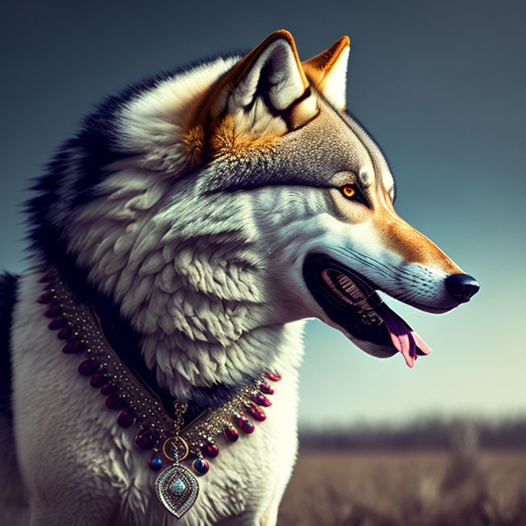 Detailed Wolf Image with Rich Fur Tones and Embellished Necklace