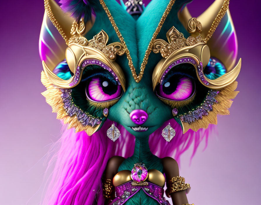 Colorful 3D creature illustration with purple eyes and golden jewelry