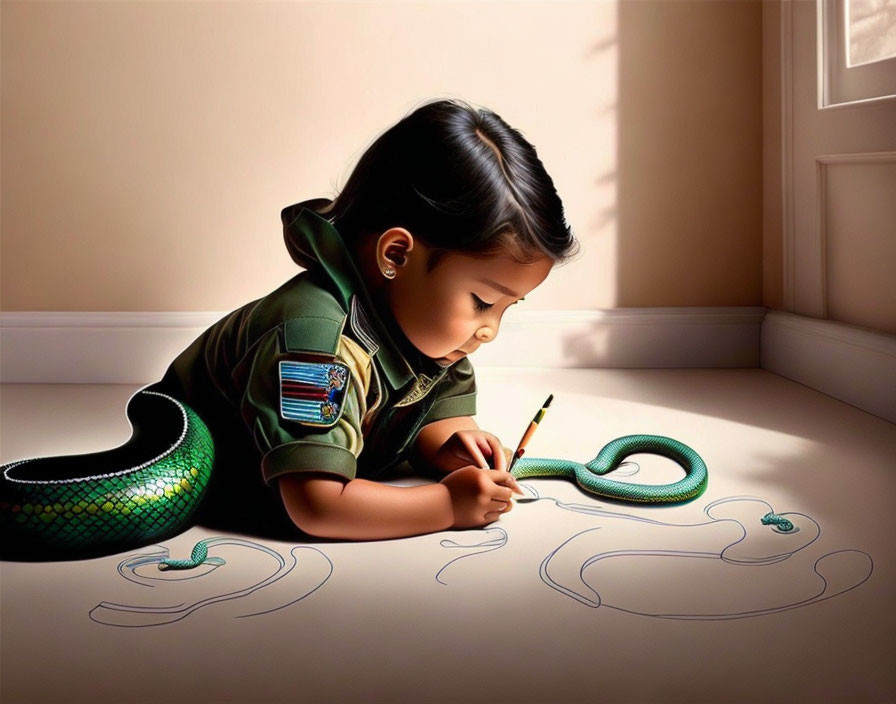 Child in green shirt drawing with pencil next to toy snake