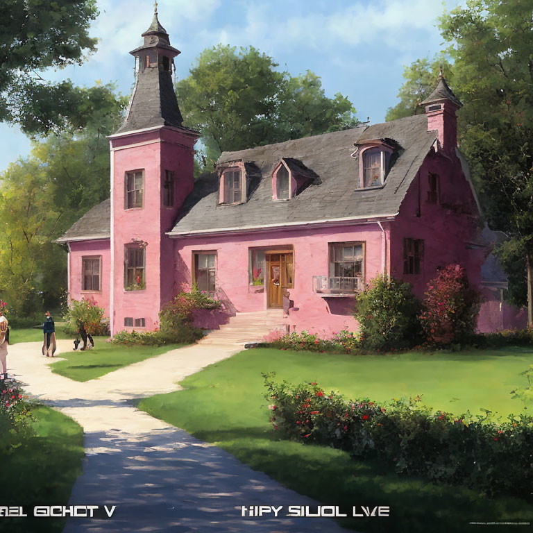 Digital painting of pink cottage, greenery, people, and dog on pathway