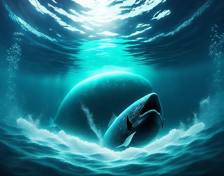 Graceful whale swimming underwater with sunlight filtering through ocean surface