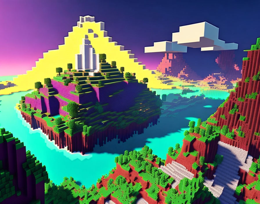Colorful Voxel Landscape with Pyramid, Waterfall, and Floating Islands