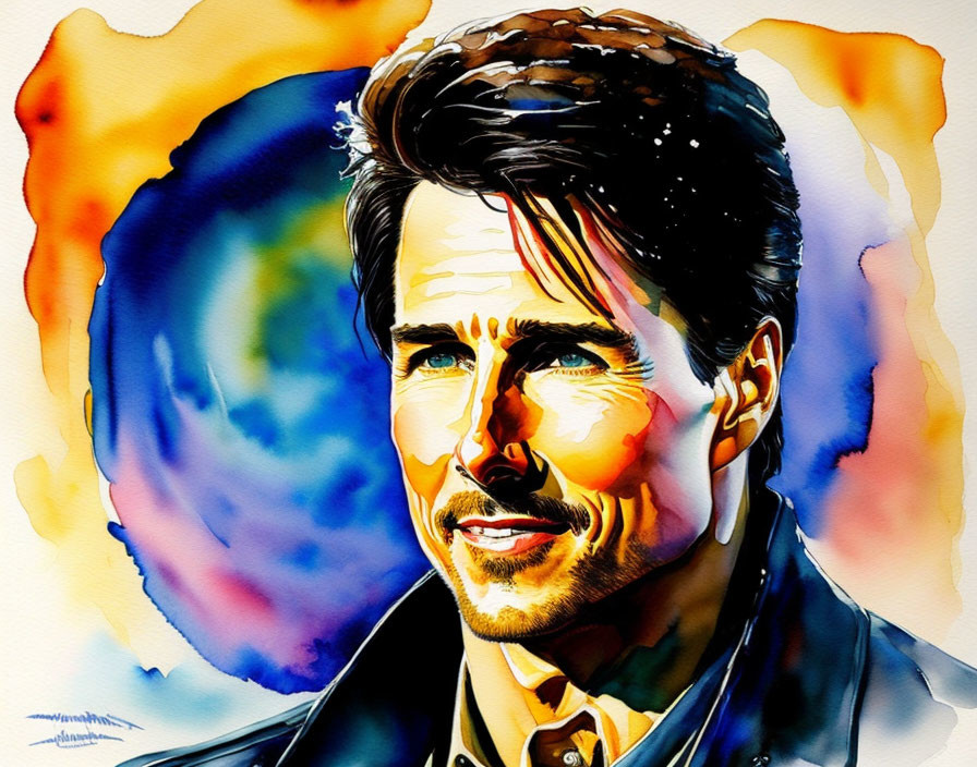 Colorful Watercolor Portrait of Man with Dark Hair and Jacket