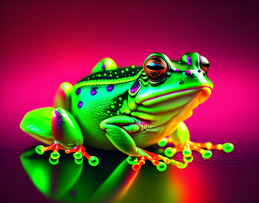 Colorful Frog with Red Eyes Surrounded by Neon Droplets on Glossy Surface