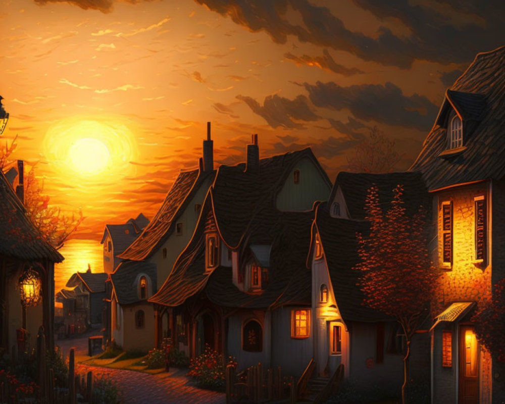 Charming village street scene at sunset with glowing windows and cobblestone path