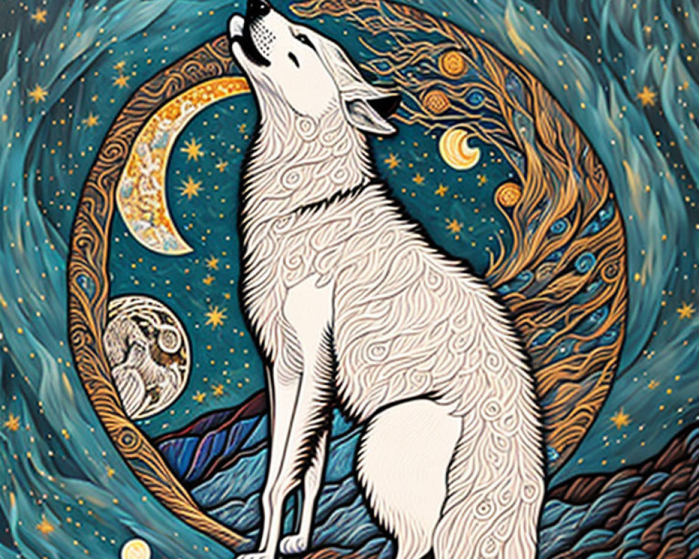 Illustration of white wolf howling under stylized night sky.