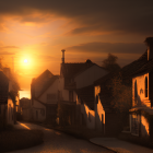 Charming village street scene at sunset with glowing windows and cobblestone path