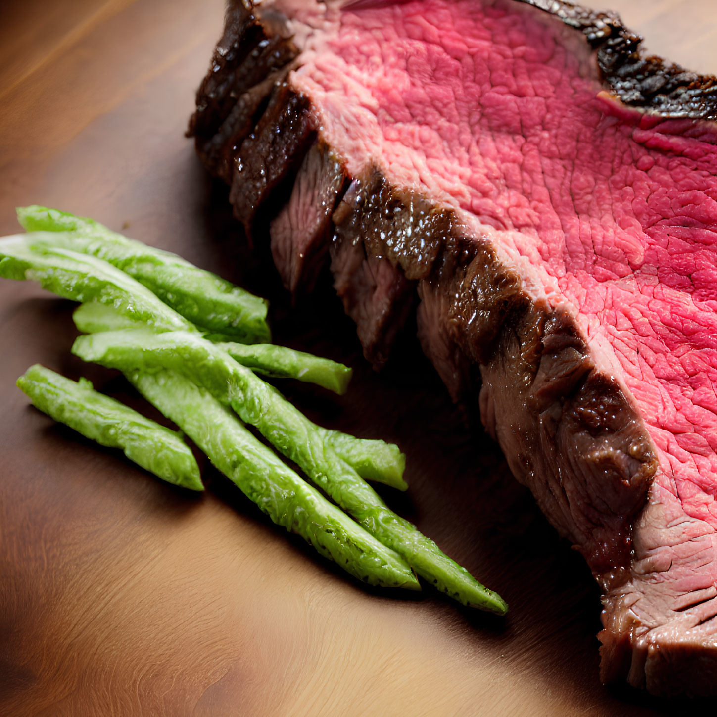 Medium-Rare Steak Slices with Pink Center and Asparagus on Wooden Board