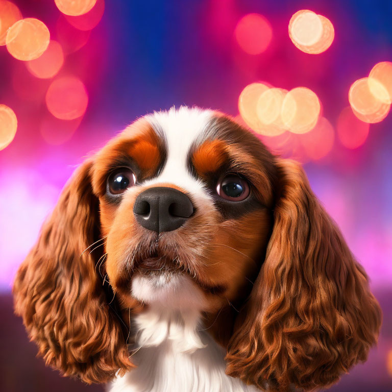 Cavalier King Charles Spaniel with soulful eyes on vibrant bokeh background