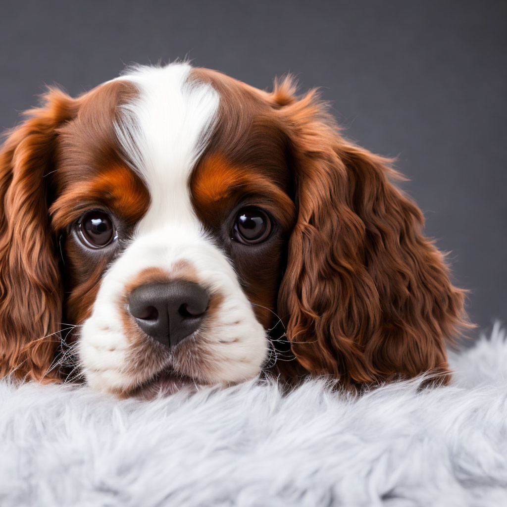 Cavalier King Charles Spaniel with expressive eyes and chestnut coat resting on gray surface