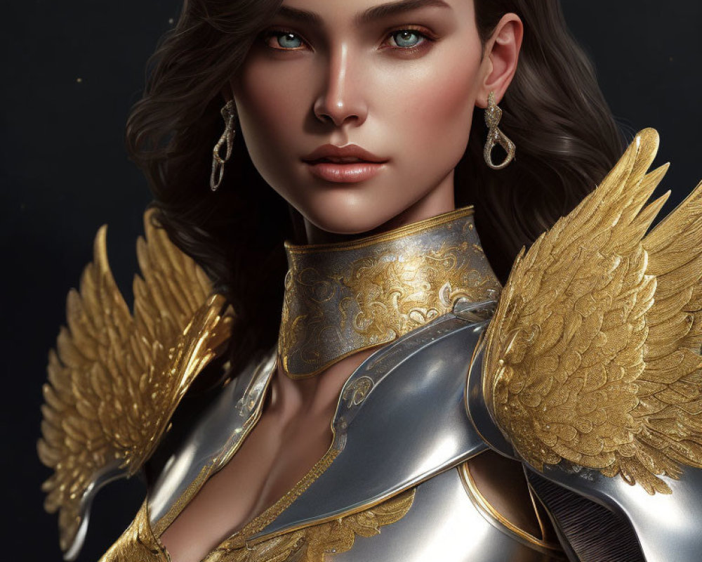 Portrait of woman with green eyes, brown wavy hair, in gold and silver ornate armor