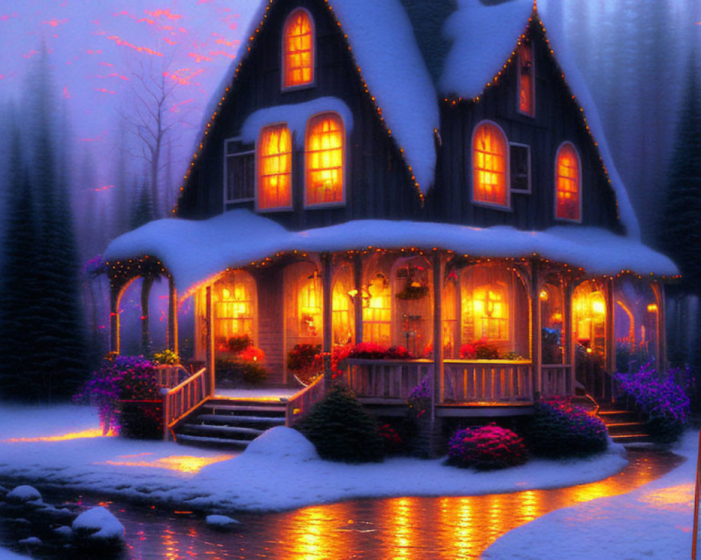 Cozy Two-Story House with Christmas Lights in Snowy Landscape