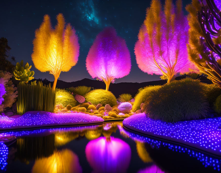 Night-time Garden Scene: Trees and Plants Illuminated in Purple and Yellow