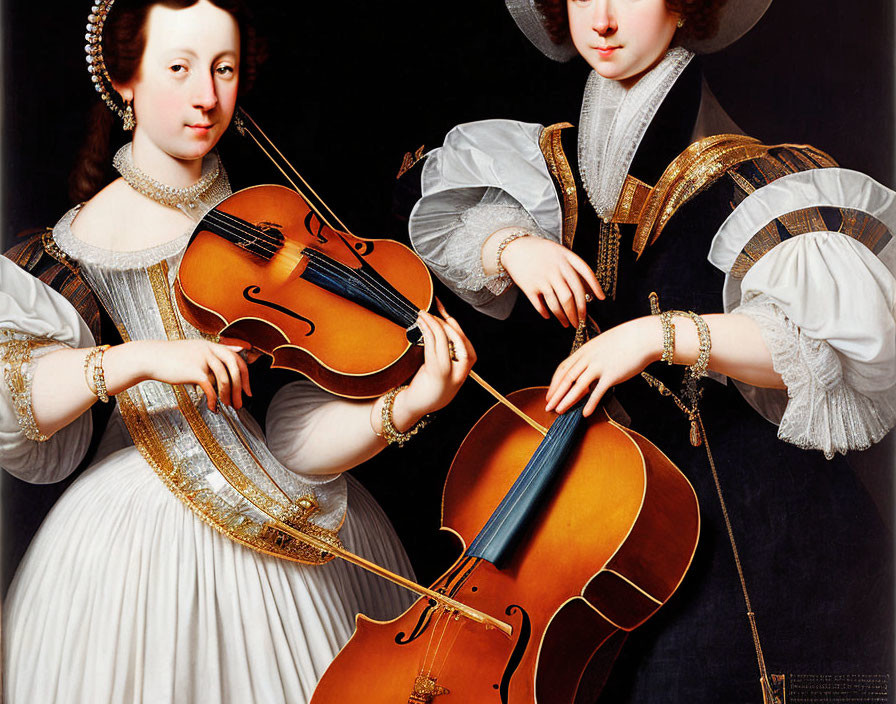 Baroque Attired Women Playing Violas in Classical Portrait