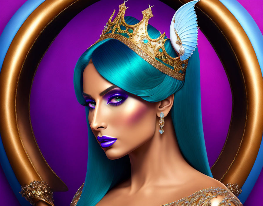 Stylized portrait of woman with turquoise hair and golden crown on purple and gold backdrop