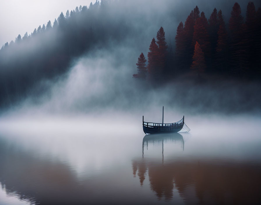 Tranquil misty lake with solitary boat and colorful trees