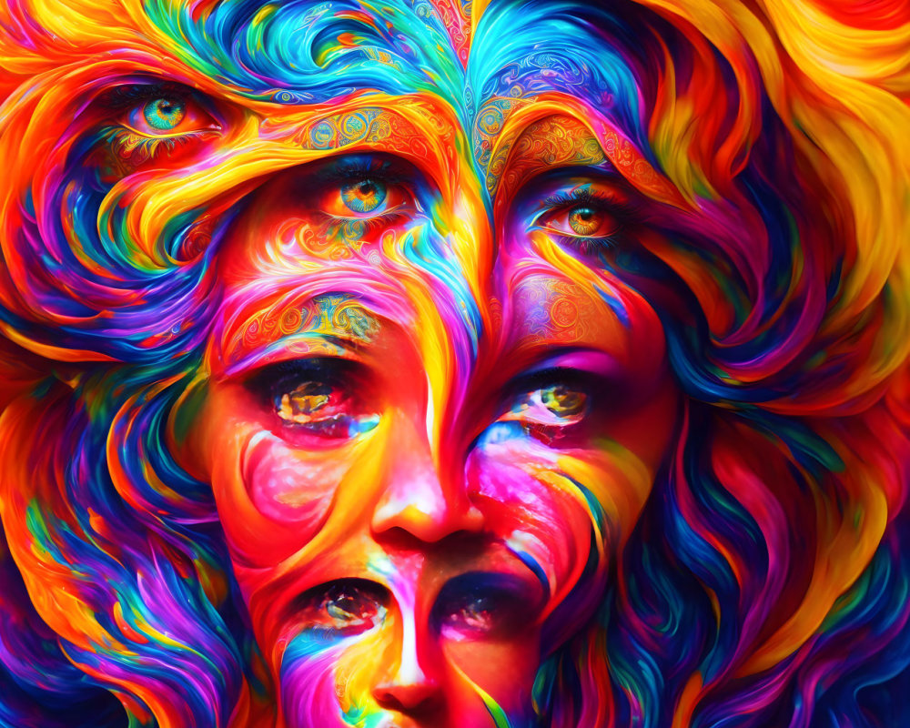 Colorful Psychedelic Artwork: Multiple Human Faces with Swirling Patterns