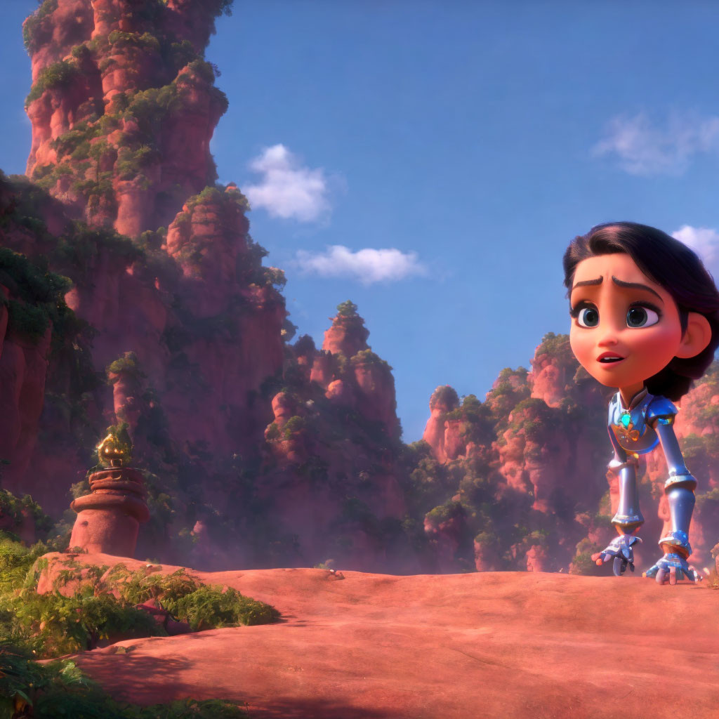 Animated girl with large eyes in vivid landscape with red rock formations.