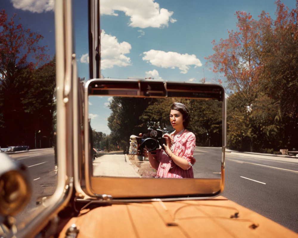 Woman in pink outfit reflected in car's rearview mirror on sunny tree-lined street
