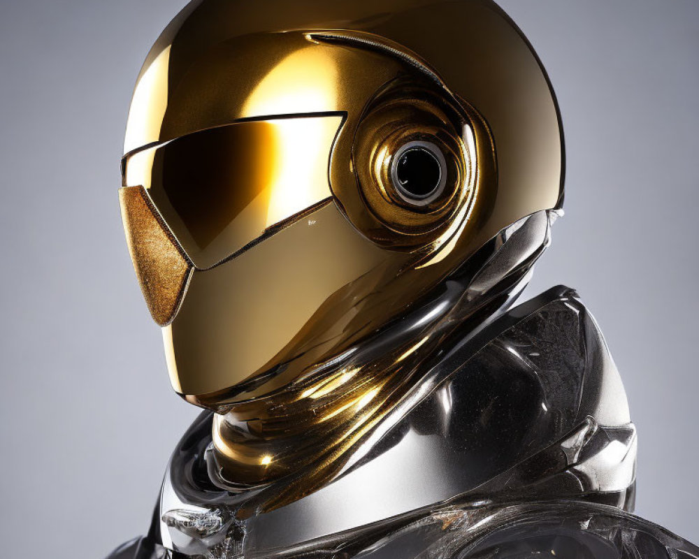 Shiny gold and silver robot head and torso with circular eye aperture
