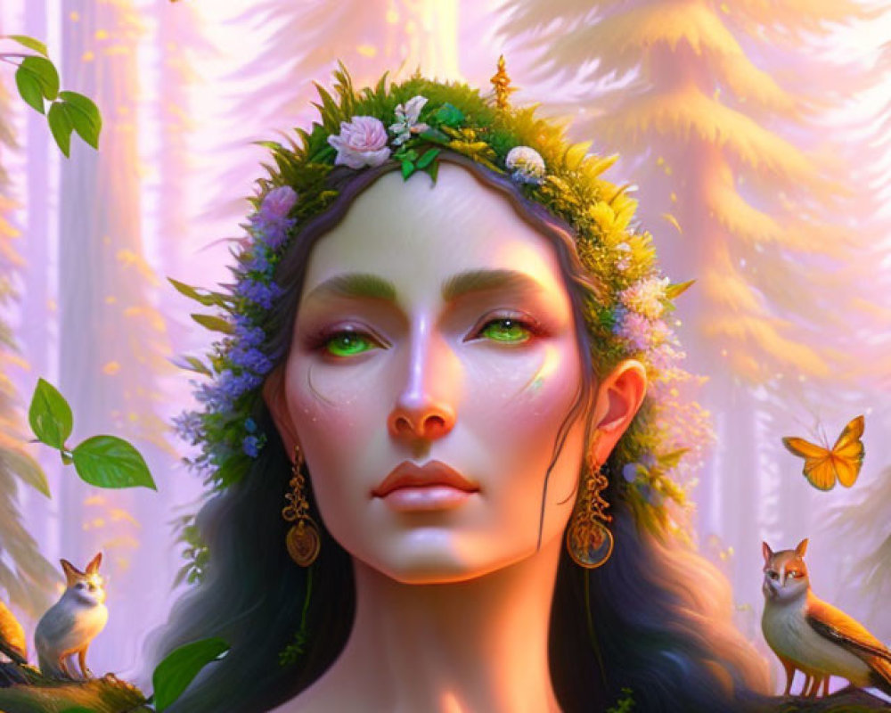 Ethereal woman with floral crown in misty forest with small creatures