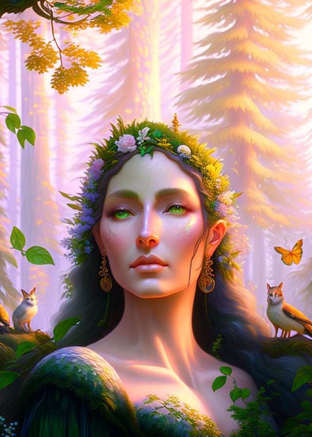 Ethereal woman with floral crown in misty forest with small creatures