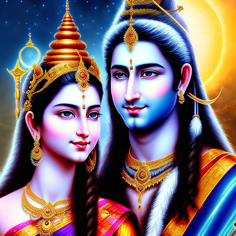 Divine couple in traditional attire under crescent moon