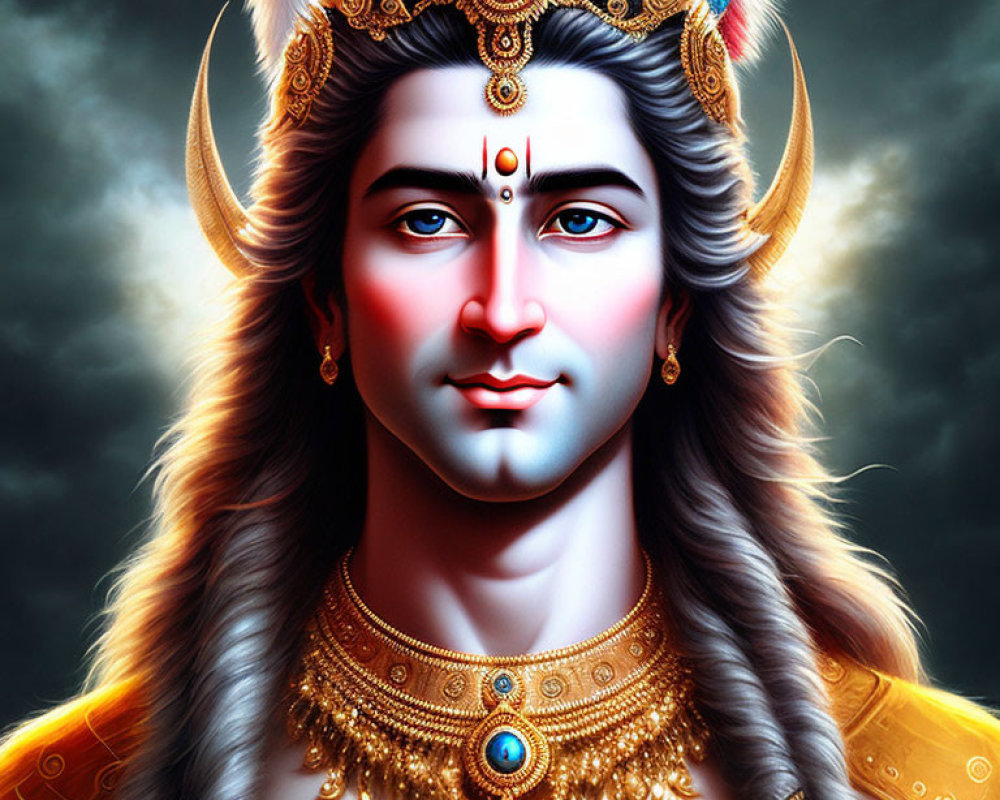 Serene Lord Shiva digital painting with jewelry and trident headdress