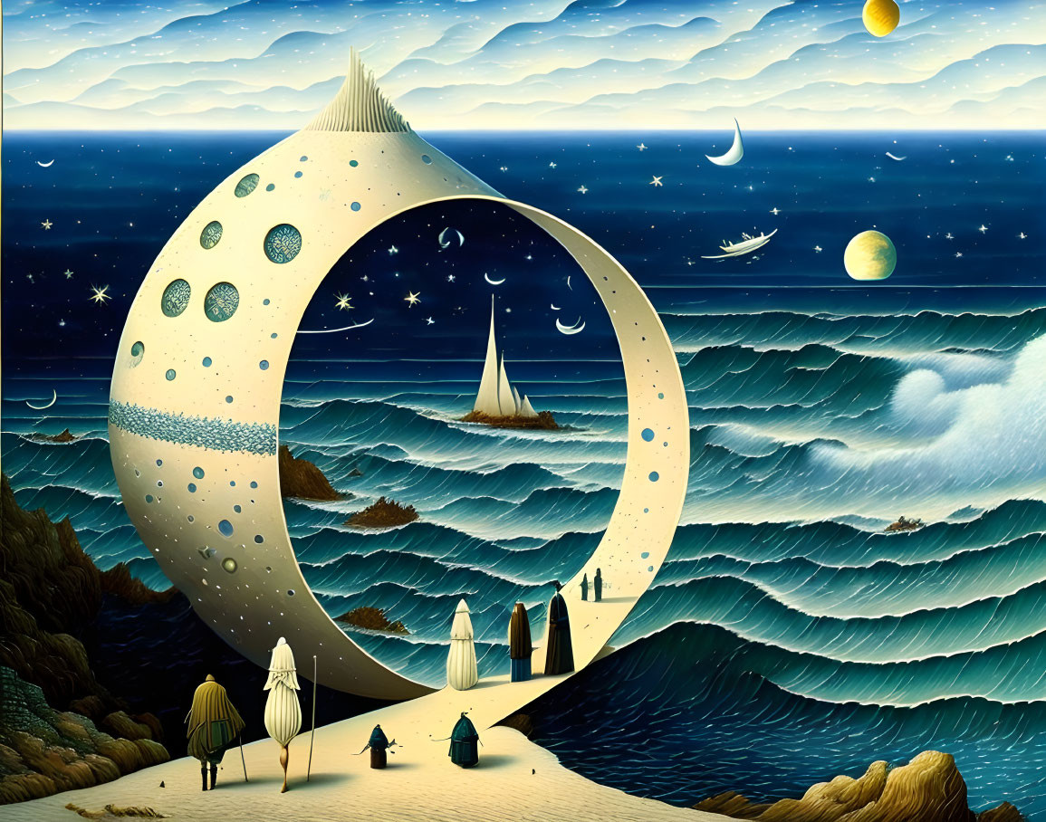 Surreal landscape with moon-like structure, seascape, ships, people, stars, and moons