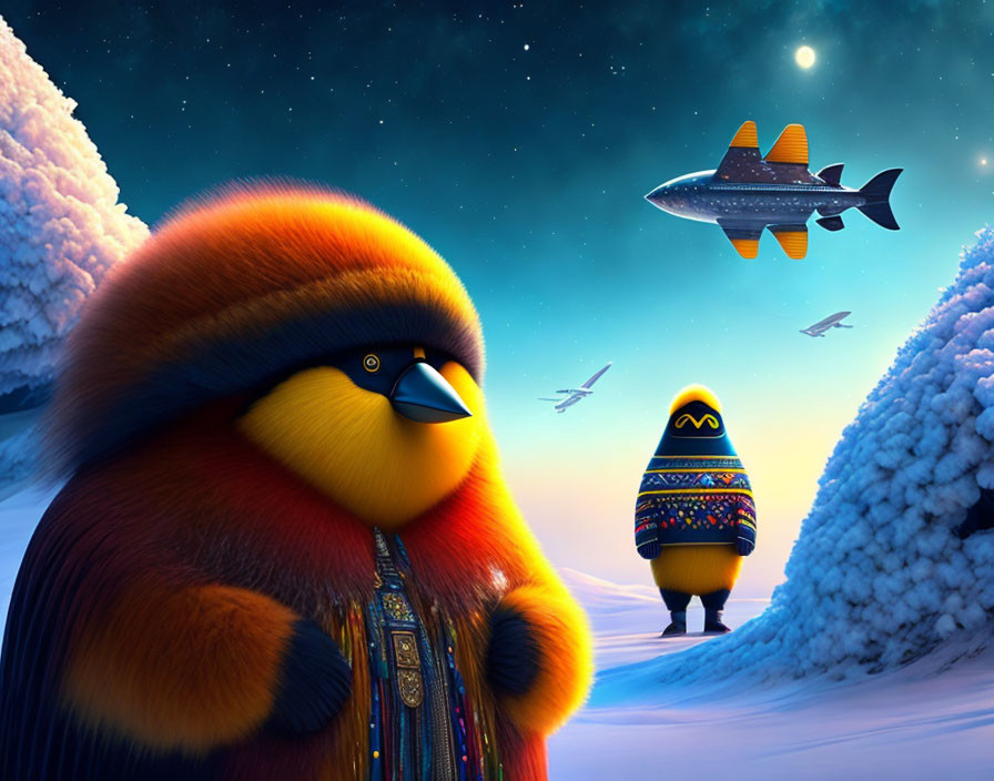 Vibrant animated birds in sweaters on snowy landscape with fish-shaped spaceship and starry sky.