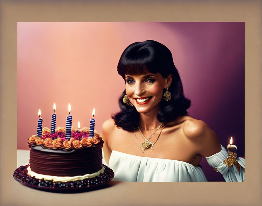 Smiling woman with dark hair beside frosted cake and candles on pink backdrop