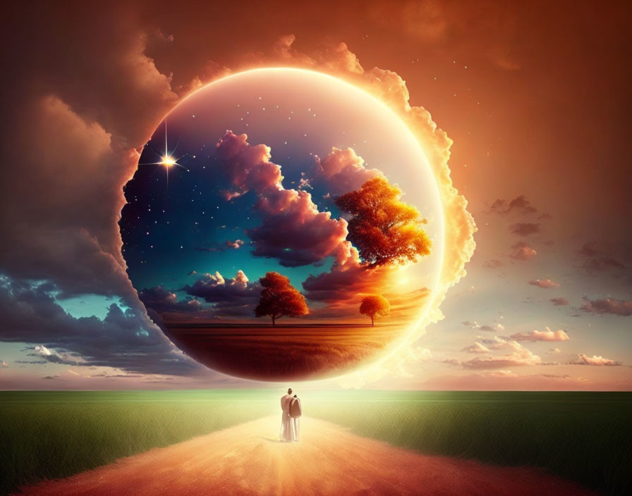 Couple standing on path with giant surreal orb in sky reflecting alternate landscape