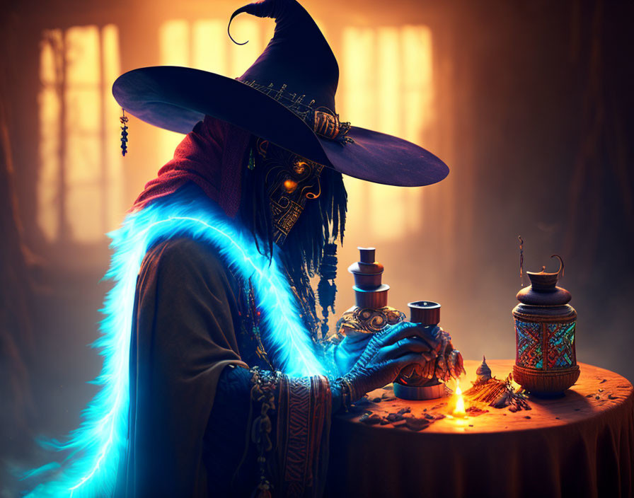 Mystical figure in wide-brimmed hat performs ritual with glowing blue energy.