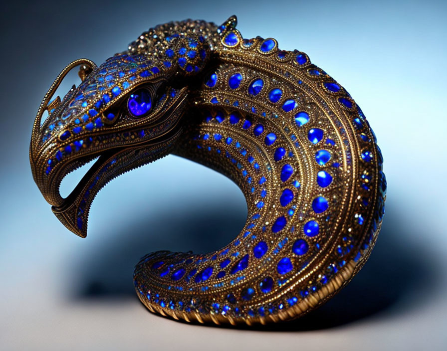 Digital rendering of bejeweled snake with blue and gold patterns, radiant eyes