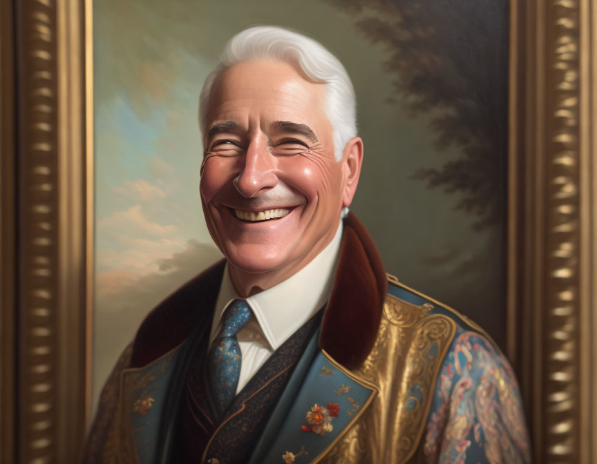 Elderly Man Smiling in Ornate Jacket and Tie Painting