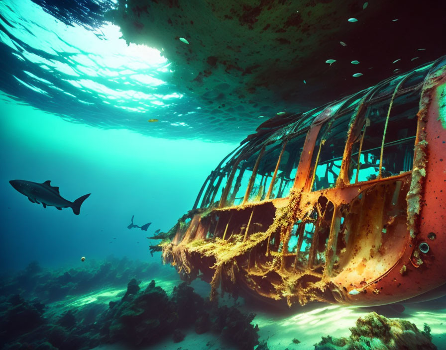Sunken algae-covered airplane wreck with fish in eerie underwater scene