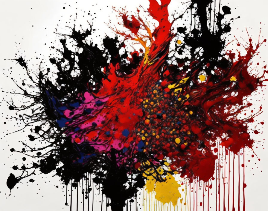 Colorful Abstract Art: Red, Yellow, Black Splash on White