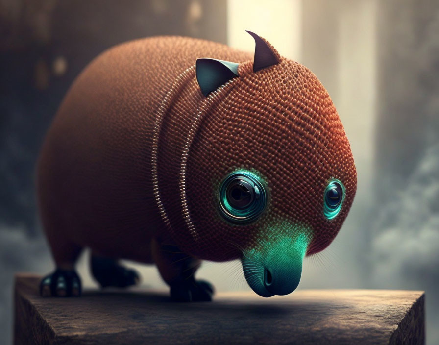 Brown Textured Digital Creature with Soulful Eyes and Small Horns on Ledge