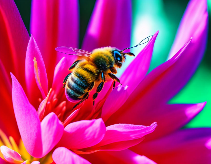 Bee on vibrant pink flower with spread petals on soft-focus green background