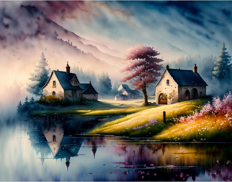 Tranquil Countryside Scene with Cottages, Blooming Trees, and Lake