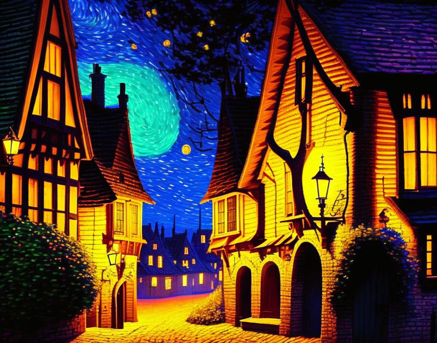 Colorful village street painting with starry sky and glowing lanterns