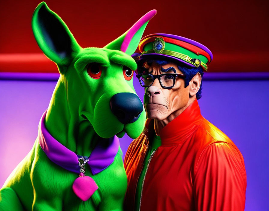 Blue-skinned character with black glasses next to green dog on purple backdrop